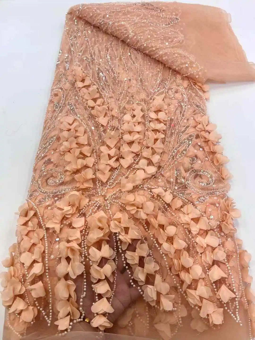 Telas de encaje de flores 3D con cuentas y lentejuelas, telas de encaje de red, bordado exquisito, tela de alta calidad, vestido de fiesta de boda XC69KM-2