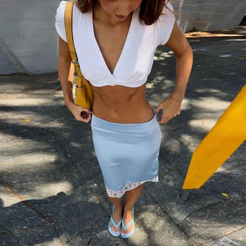 Sexy Deep V Short Sleeve Ultra-Short Button up Women's Top Trending Spring Summer Fashion Slim Fit Polyester T-Shirt