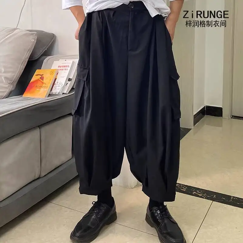 

Мужские брюки-карго в стиле casual, широкие, темные, с расклешенным низом, в стиле гарем, от оригинального дизайнера