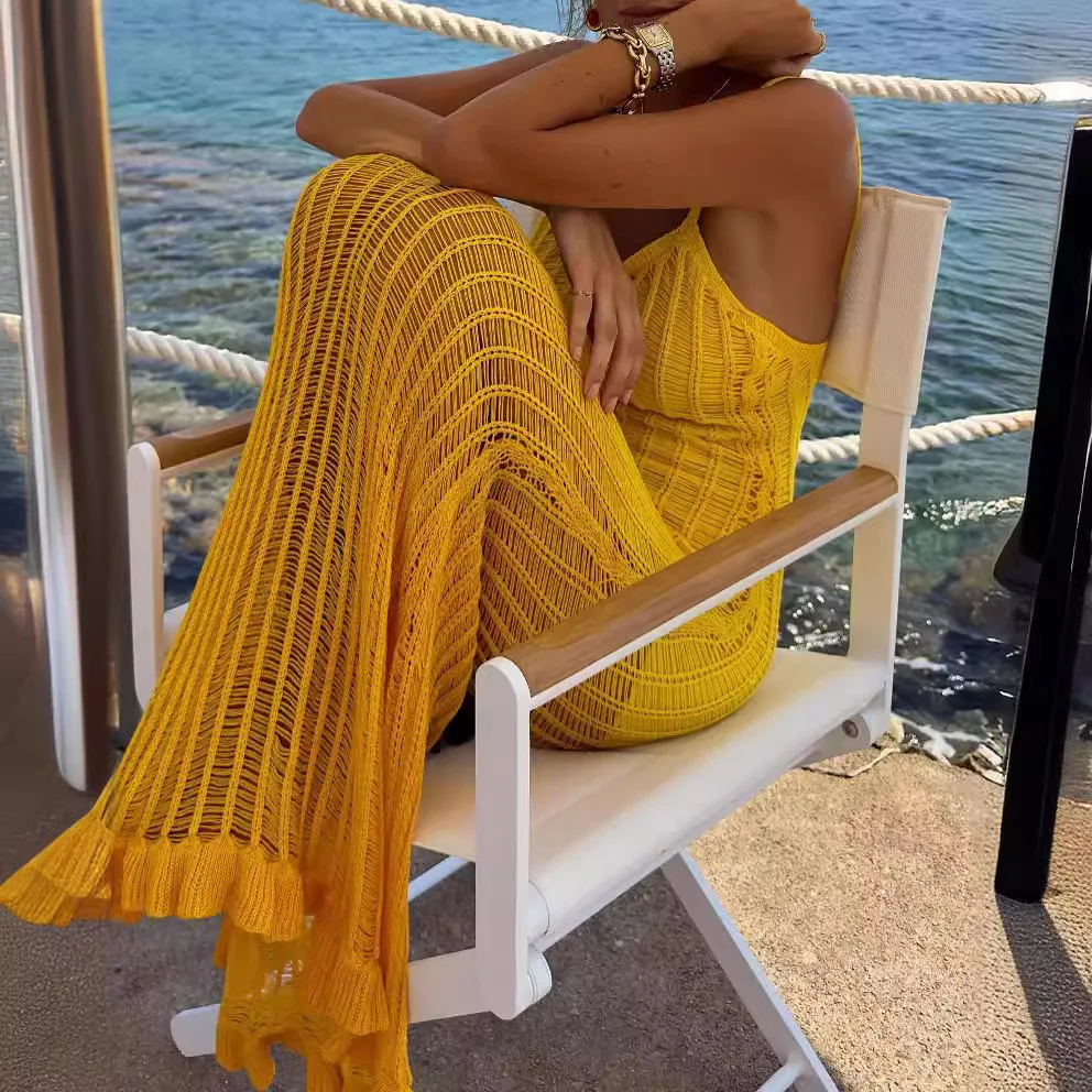 DSMTRC Woman See-through Yellow Knitted Beach Long Cover Up Dreses Summer Holiday Sleeveless Spaghetti Strap Club Party Dresses