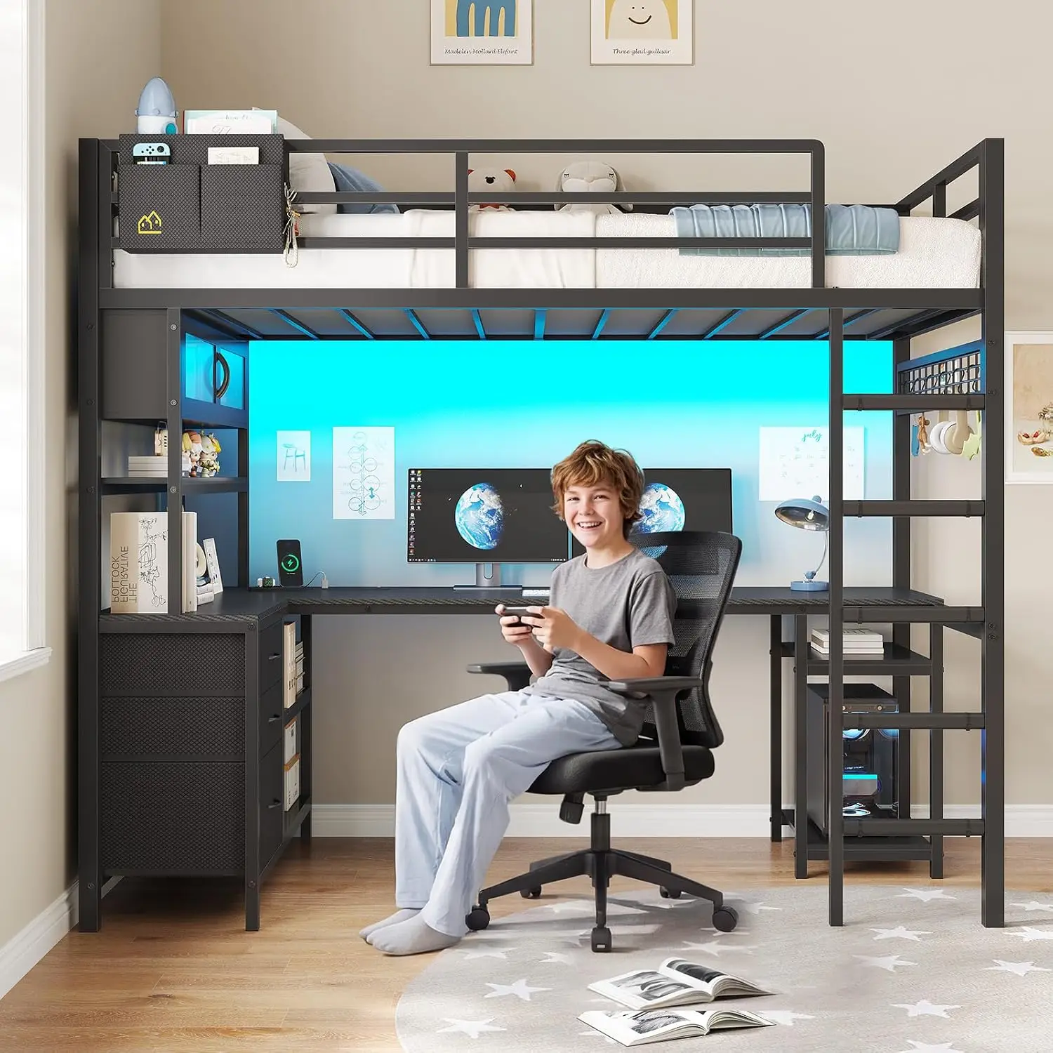 DICTAC Twin Loft Bed with L-Shaped Gaming Desk,Led Lights and Charging Station,Gaming Loft Bed Twin Size with Bookshelf and Glas