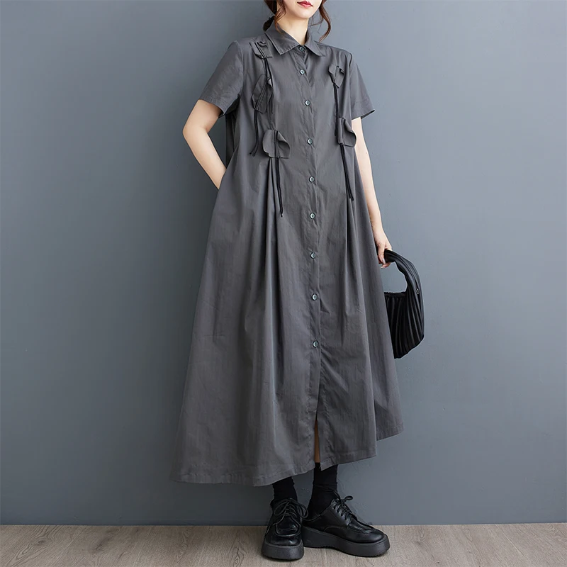 Summer Loose Large Size Patchwork Casual Commute ort Sve irt Dr Korean Sle A-Line Skirt  Knot Single Button