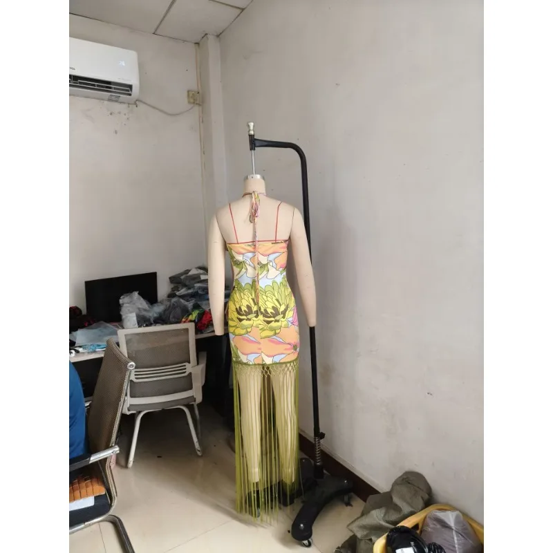 Sukienka maxi damska z długim rękawem, bez rękawów, obcisła, wieczorowa, z nadrukiem kwiatowym i frędzlami, seksowna sukienka na imprezę, stroje na letnie wakacje 2025, Vestidos