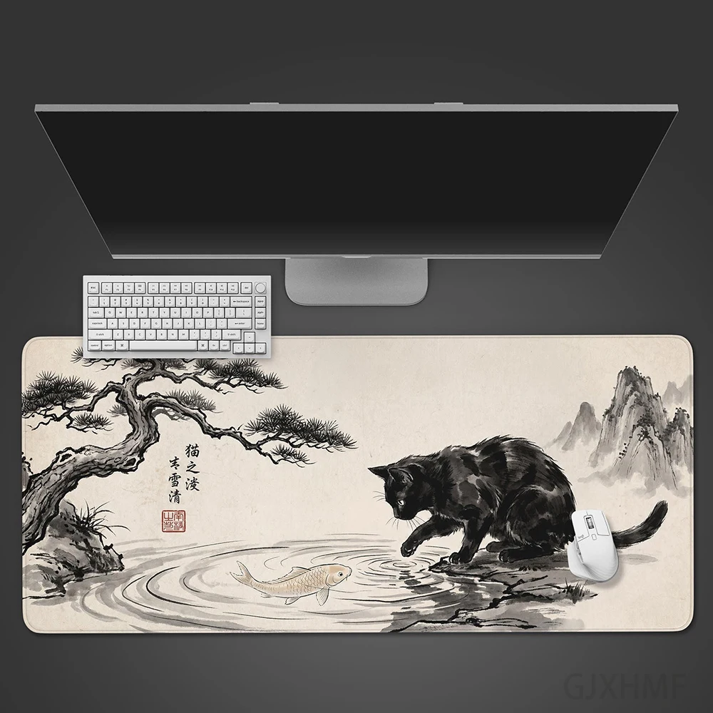 Ink Wash Cat Koi Mouse Pad Japanese Art Desk Mat MousePad,Zen Desk Aesthetic Mouse Mats,Non-Slip Keyboard Mat Gift for Cat Lover