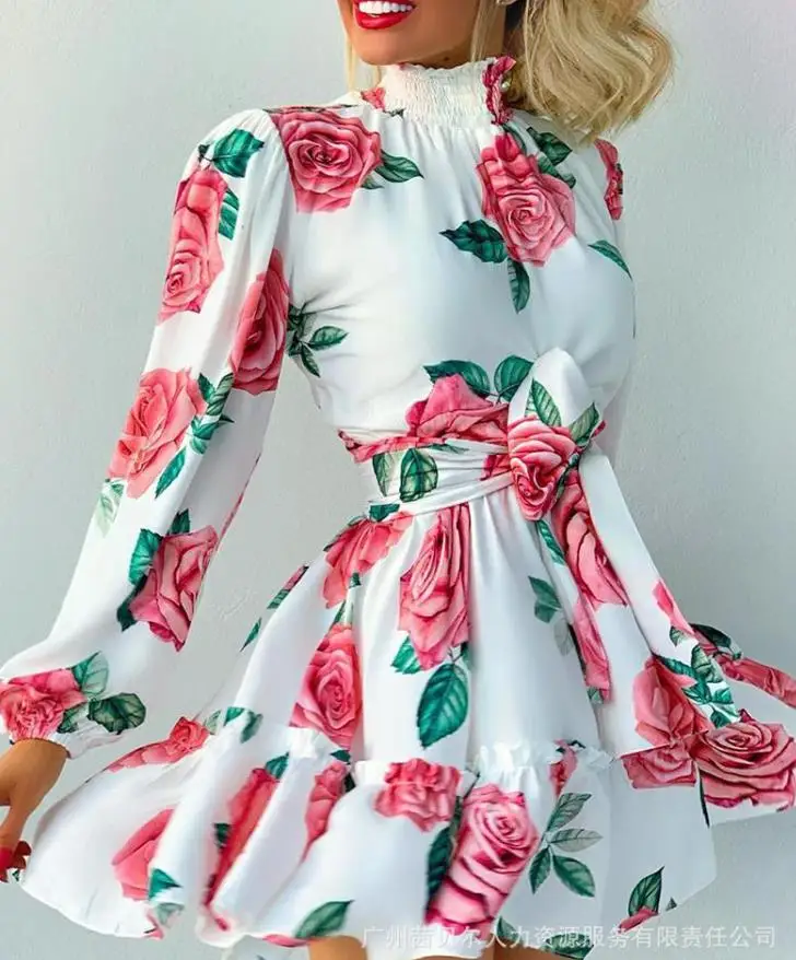 

Summer 2024 New Mini Dress with Rose Print Binding and Ruffle Edge Dress Elegant and Elegant Style Commuter Dress for Women