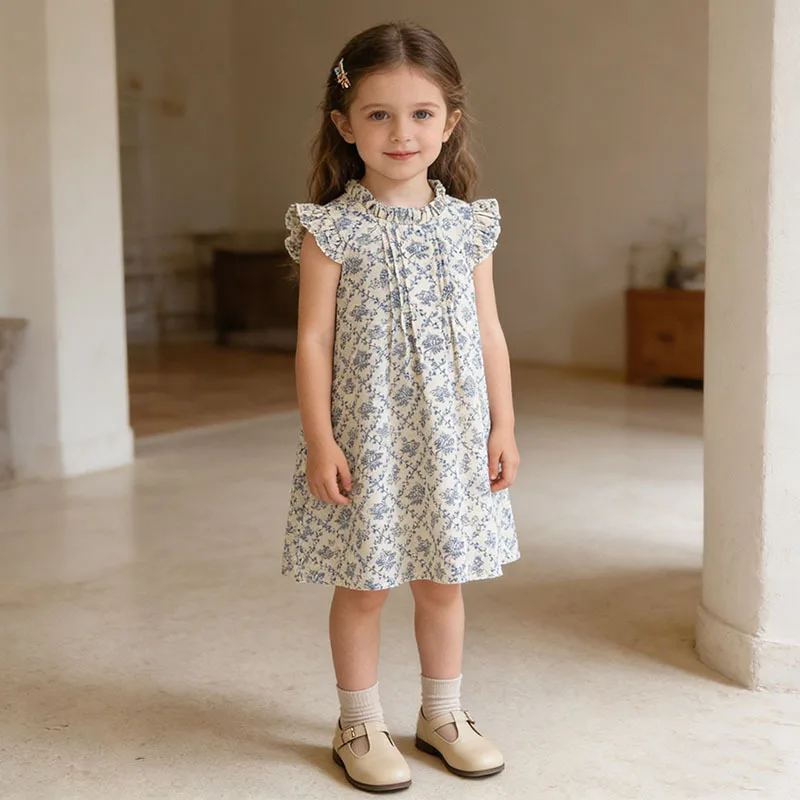 Vestido para Niñas, Primavera-Verano 2026, Ropa Infantil, Vestido de Princesa con Cuello de Orejas de Madera y Estampado Floral, Estilo Extranjero