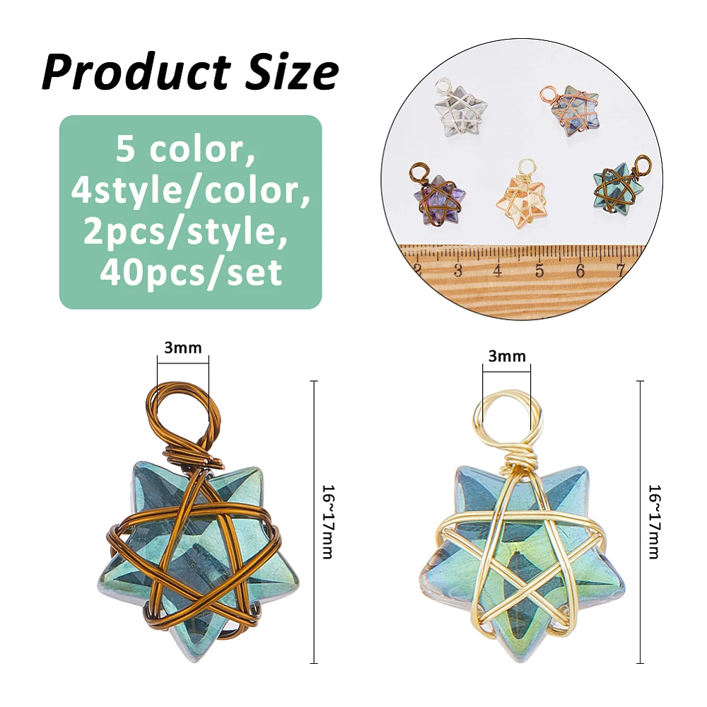 40Pcs 5 Coclors 4 Styles Wire Wrapped Star Pendants Mixed Color Electroplate Glass Charms Dangle Charms