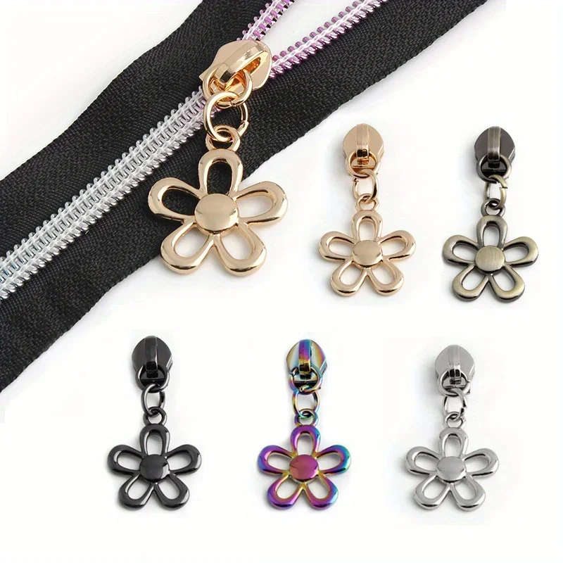 5PCS 40mm 5# nylon tooth hollow flower pendant zipper puller flower shape clothing coat luggage durable metal pull tab slider