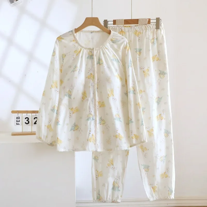 

2025 New Spring and Autumn Women's Pajama Set 100% Cotton Gauze with Chest Mat Pajama Long Sleeve Home Clothes Two Piece Set