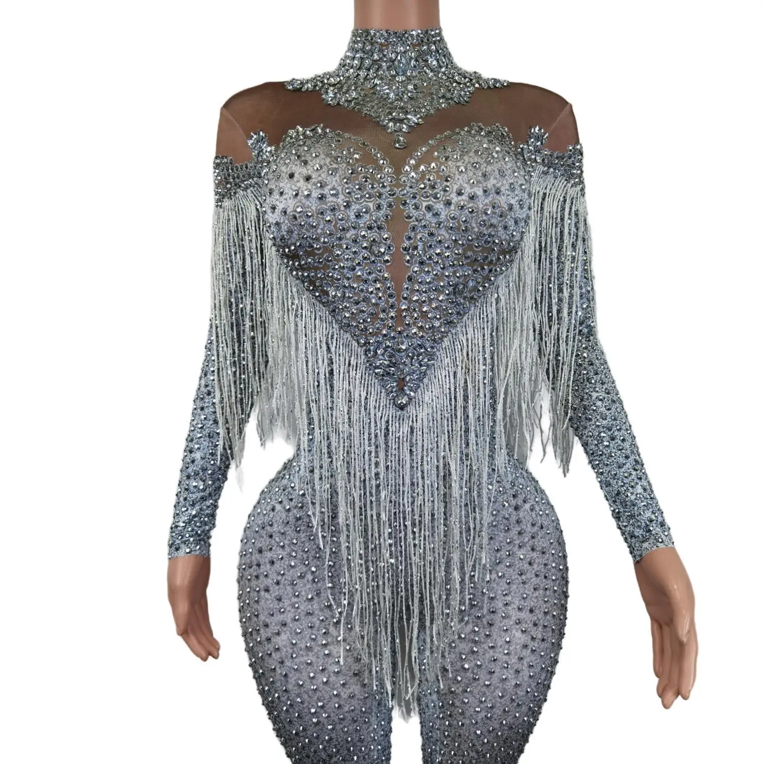 Shinny Kristalle Overall hell silberne Strass Quaste Bodysuit Frauen feiern luxuriöse Kostüm Stretch Overall Yiwan