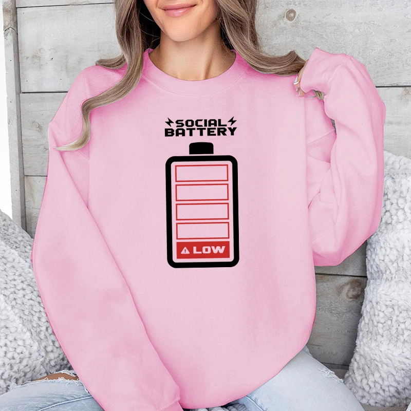 Dames sociale batterij laag bedrukte sweatshirts mode creatieve hoodless truien O-hals lange mouw vrouwelijke batterij streetwear