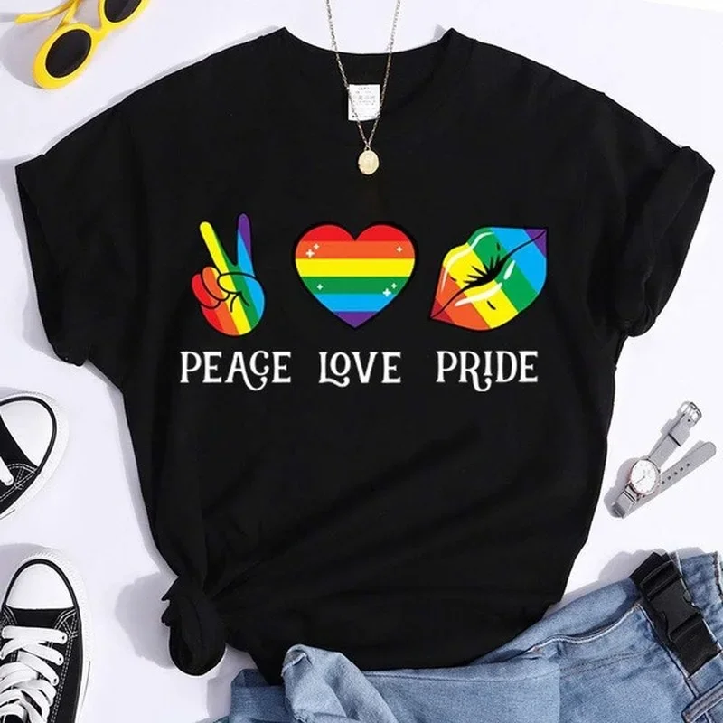 

Peace Love Pride Colorful Print Women T Shirt Short Sleeve O Neck Loose Women Tshirt Ladies Tee Shirt Tops Camisetas Mujer