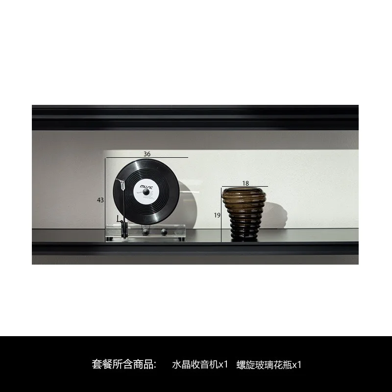 Modern light luxury next to the TV in the living room, display open cabinet, large flat glass jewelry ornament