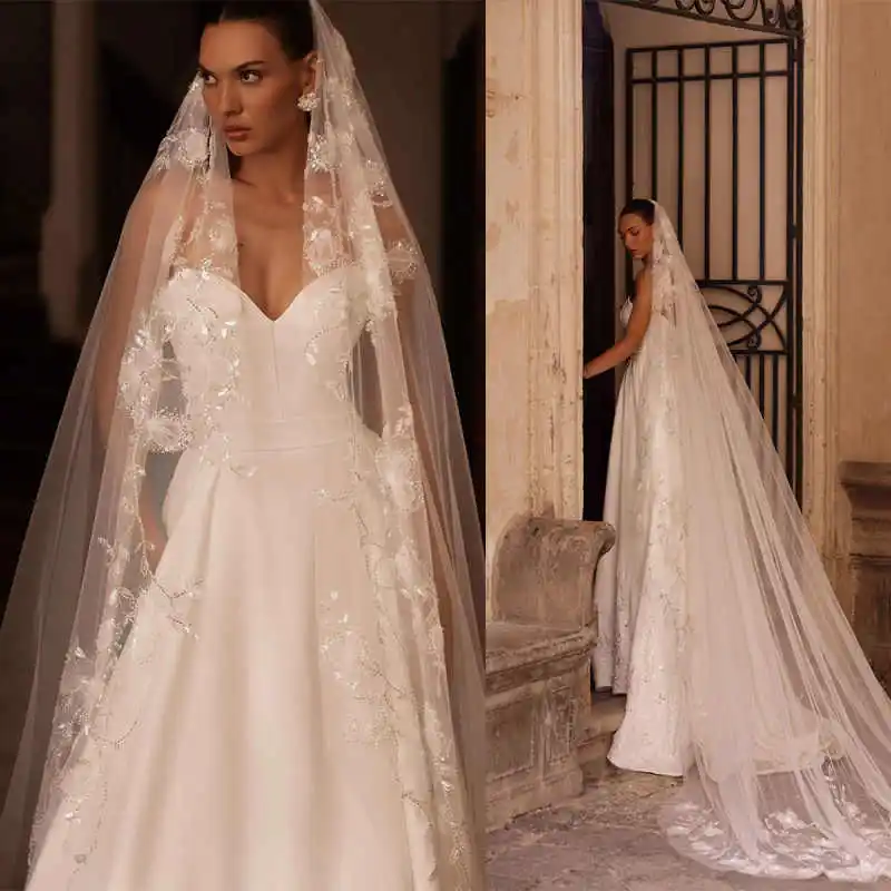 

Shining Bridal Veil 3M Long Cathedral Sequin Applique Lace With Comb Bride Wedding Accessories Customized