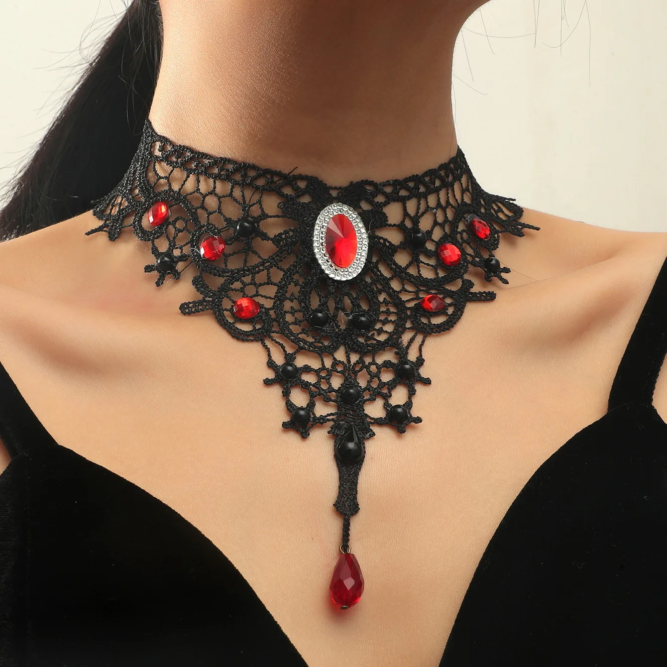 KMVEXO Gothic Victorian Black Lace Necklaces Women Water Drop Crystal Beaded Necklace Steampunk Collar Vintage Halloween Jewelry