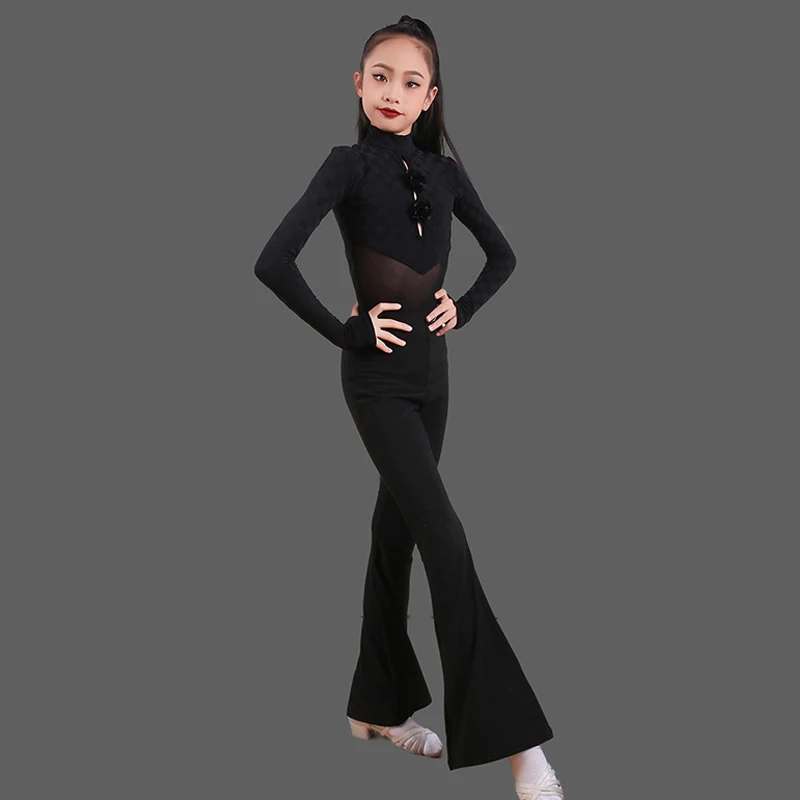 2024 Black Latin Dance Clothes Girls Kids Long Sleeves Tops Pants Cha Cha Rumba Ballroom Dance Practice Clothing Winter BL13589