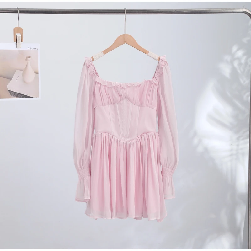 Solid Ruffle Mini Dress U Neck Long Puff Sleeve Tie Neck Tiered Hem Sweet Style Gown Soft Pastel Tones Fashion Chic Women Outfit