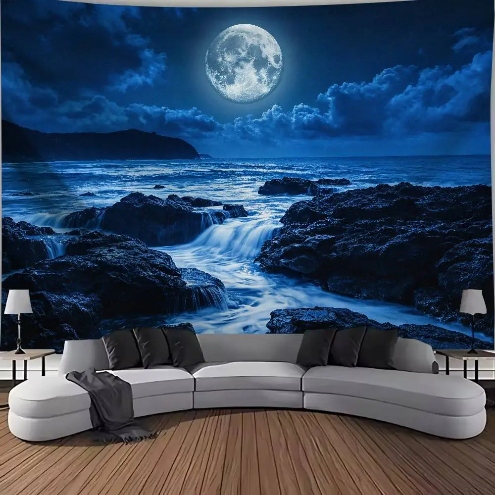 Moonlit Ocean Coast Tapestry, Night Sea Rocky Shore Wave Scenery Wall Hanging, Full Moon Dark Cloud Sky Seascape Tapestry Decor