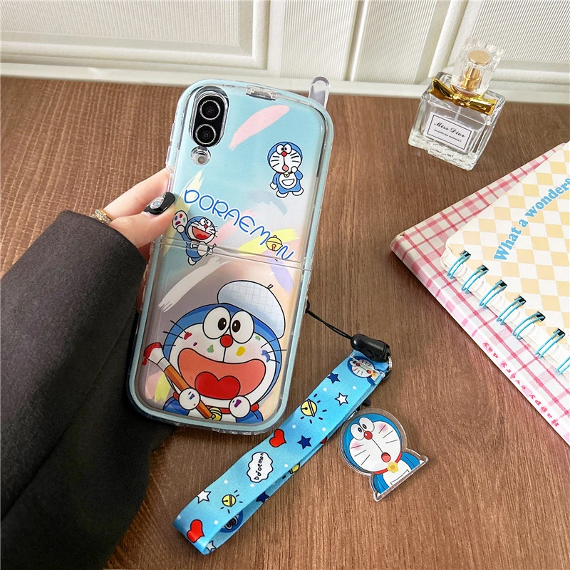 Cute Cartoon Japan Anime Doraemon Phone Case For Samsung Galaxy Z Flip 7 6 5 Hard TPU Cover For Z Flip 4 3 With lanyard