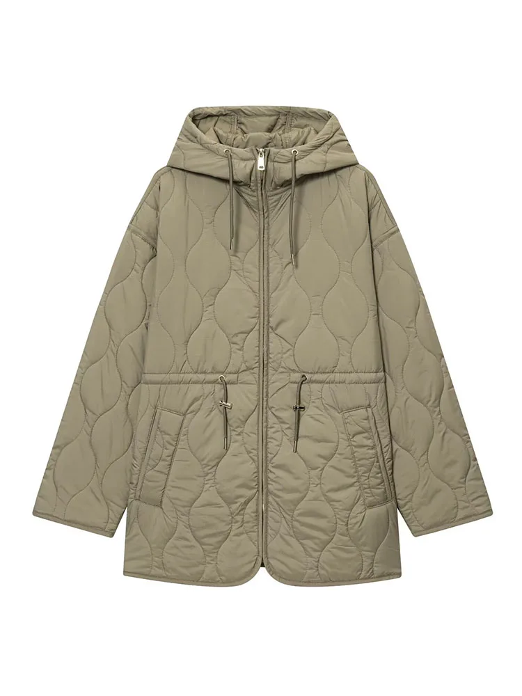 

HH Woman Winter Long Sleeves Drawstring Pocket Decoration Zipper Hooded Cotton Clothes Female Casual Street Style Cotton Jacket