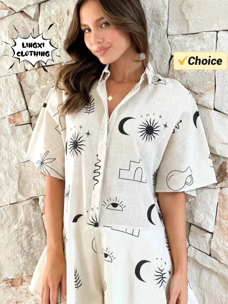 Summer New Fashion Women\'s Fake Two Piece Jumpsuit Printed Elegant Vacation Style Simple Flip Collar Short Jumpsuit