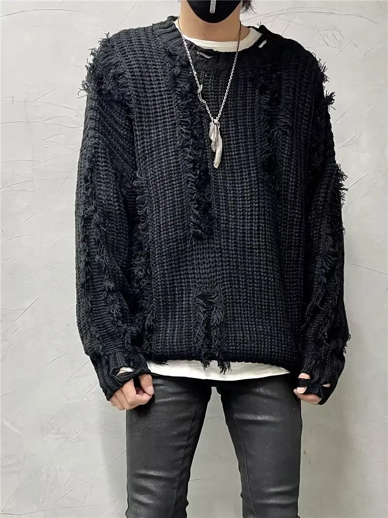 American Style Sweater Streetwear Trendy Unique Stitching Ripped Sweater Coat Designer Pullover Couple Casual y2k Top