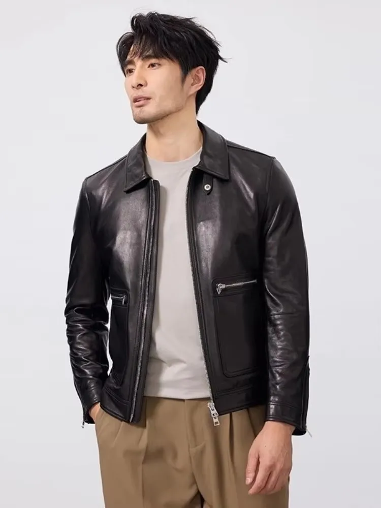 Genuine Leather Jacket Men High Quality Sheepskin Vintage Punk Lapel Zipper Srping Slim Fit Long Sleeve Motorcycle Short Coat