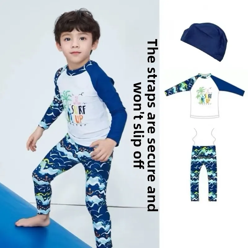 

Комплект из трех предметов для мальчиков: купальник для серфинга с длинным рукавом и защитой от солнца, термокостюм для плавания, специальный дизайн с раздельными элементами