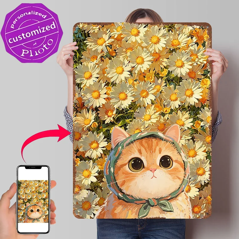 Cute Cat in a Field of Daisies Personalized 3D Textured Metal Poster Wall Art Vintage Tin Signs for Living Room Decoration Decor