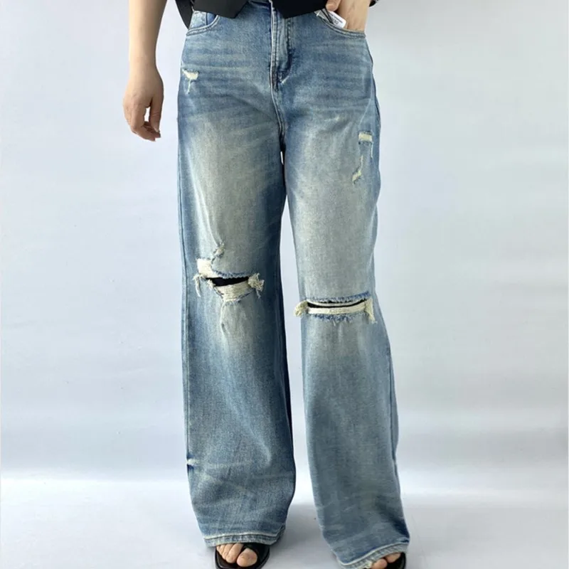 

Изысканные широкие рваные джинсы 100 кг, весна-лето, одежда больших размеров, женские джинсовые прямые брюки с накладными дырками, повседневные длинные брюки 8337