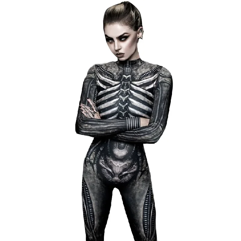 Halloween Costumes for Women Ghost Cosplay Scary Jumpsuit Skeleton Print Carnival Party Skull Full Sleeve Slim Clothes Girls OI1