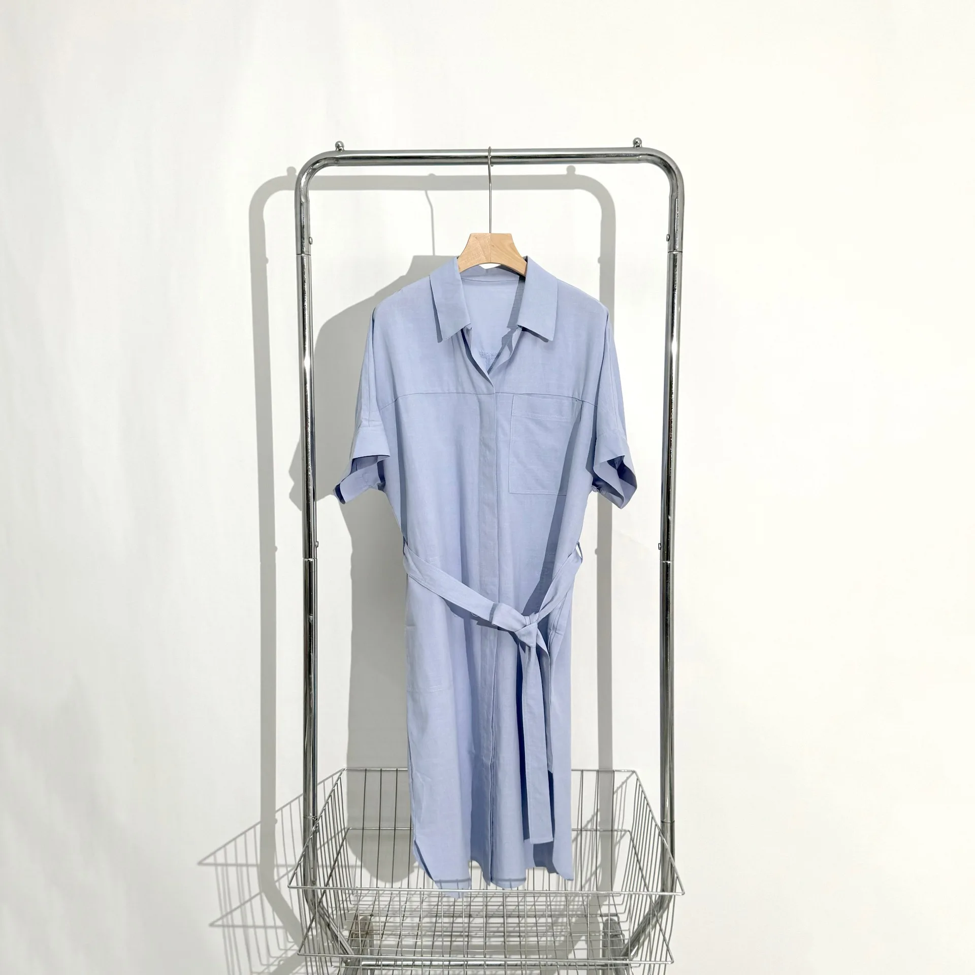 Women Single-breasted Shirt Dress Turn-down Collar Ladies Short Sleeve Simple Knee-length Robe with Sashes One Pocket Dresses