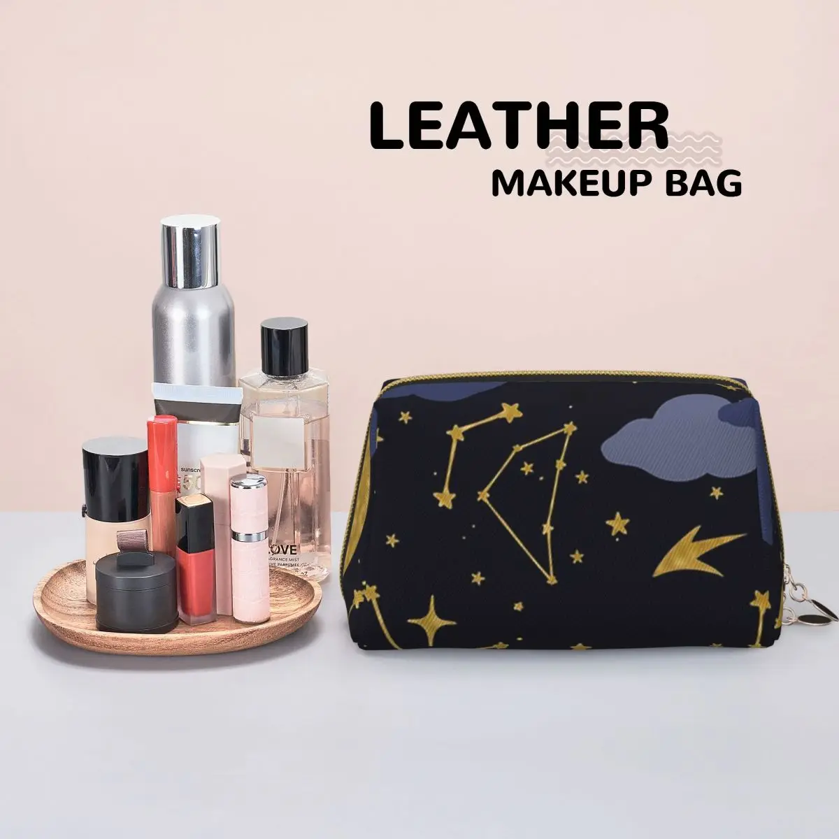 Night Sky Golden Celestial Stars Zodiac Constellations Women Cosmetic Bag Travel Makeup Organizer Pouch Toiletry Storage