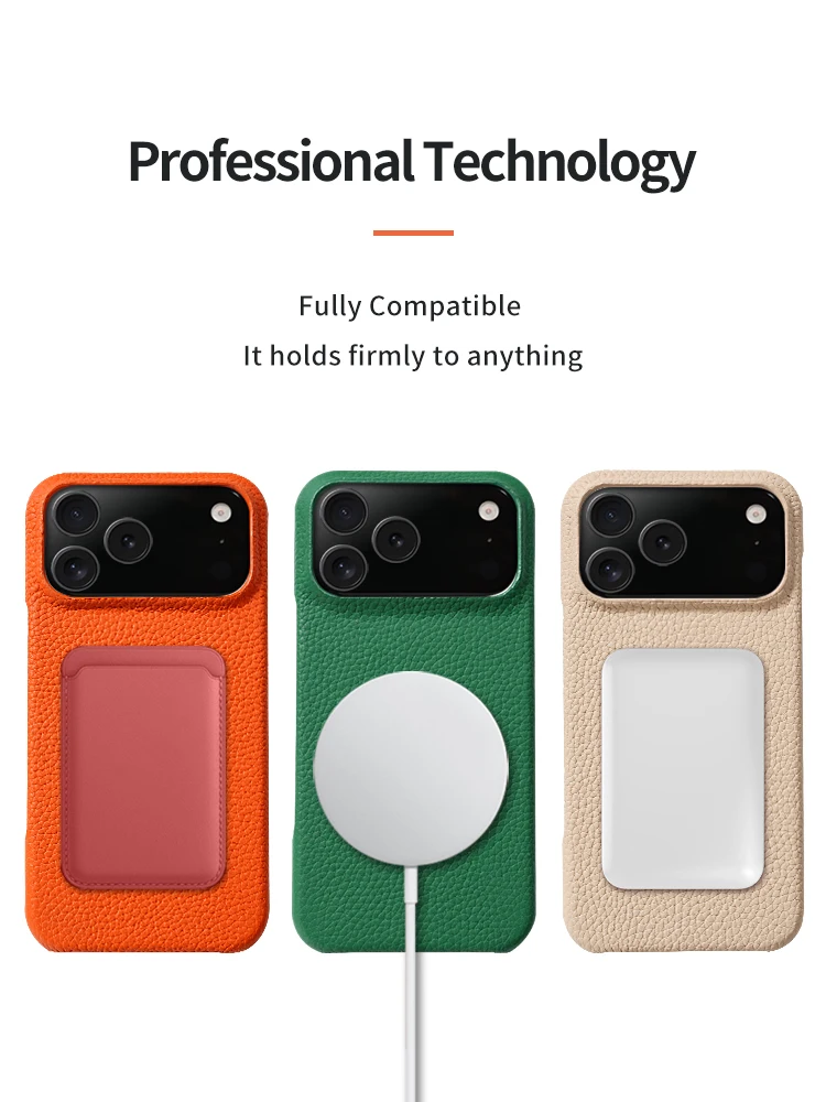 Etui z naturalnej skóry bydlęcej Lychee do iPhone'a 17 18 15 16 Pro Max z funkcją Magsafe, magnetyczny ochraniacz, luksusowa tylna obudowa telefonu. — zdjęcie produktu 4