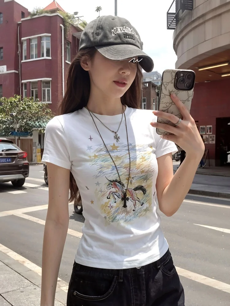 Summer Short Sleeve T-Shirt Women's Slim Fit Printed Shoulder High Waist American Style Spicy Girl Short Top Commute Style