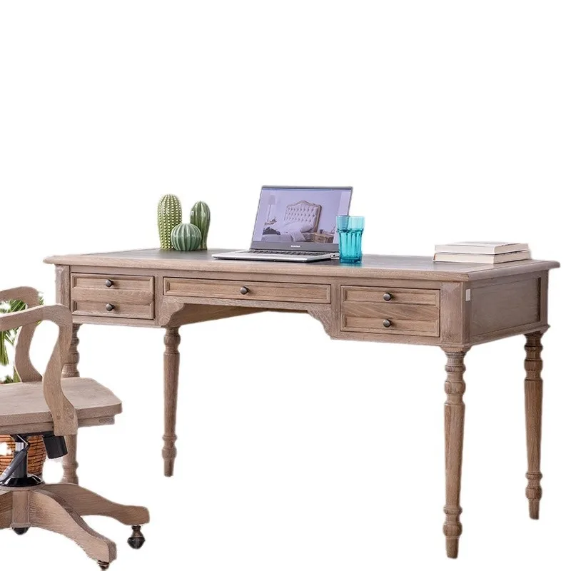 مكتب مكتب ثلاثي المضخات من خشب البلوط الريفي على الطراز الأمريكي، مكتب كمبيوتر على الطراز الأوروبي، مكتب كتابة بسيط، قراءة من الخشب الصلب #5