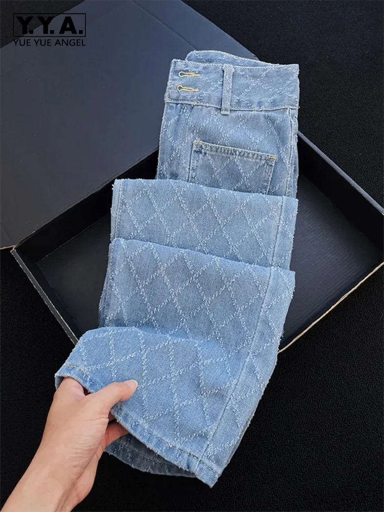 

Women Vintage Plaid Jeans High Waist Loose Fit Casual Autumn Elegant Wide Leg Denim Pants Female Comfortable Straight Trousers