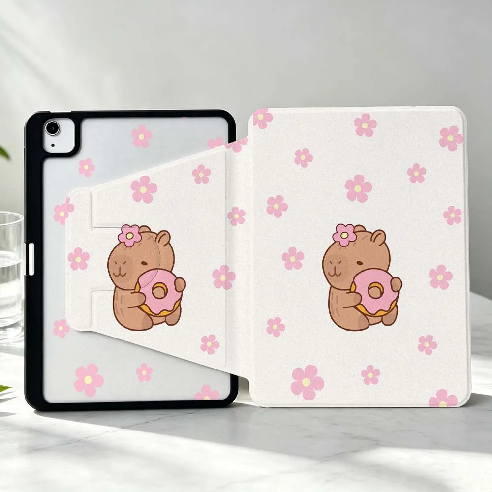 Cute Capybara Flower Pattern For iPad Pro Air mini 6 5 4 12th M5 M4 M3 M2 A16 A17Pro 360° Rotation Stylus Storage Tablet Case