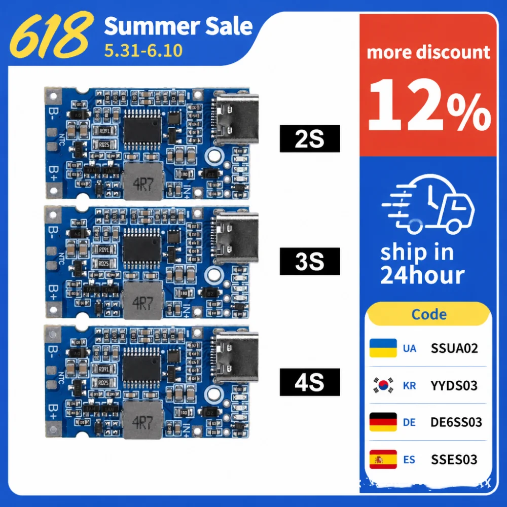 2S 3S 4S Type-C USB 4.5V-15V Step-Up Buck QC Fast Charging Charger Module for 18650 Lithium Battery With Temperature Protection