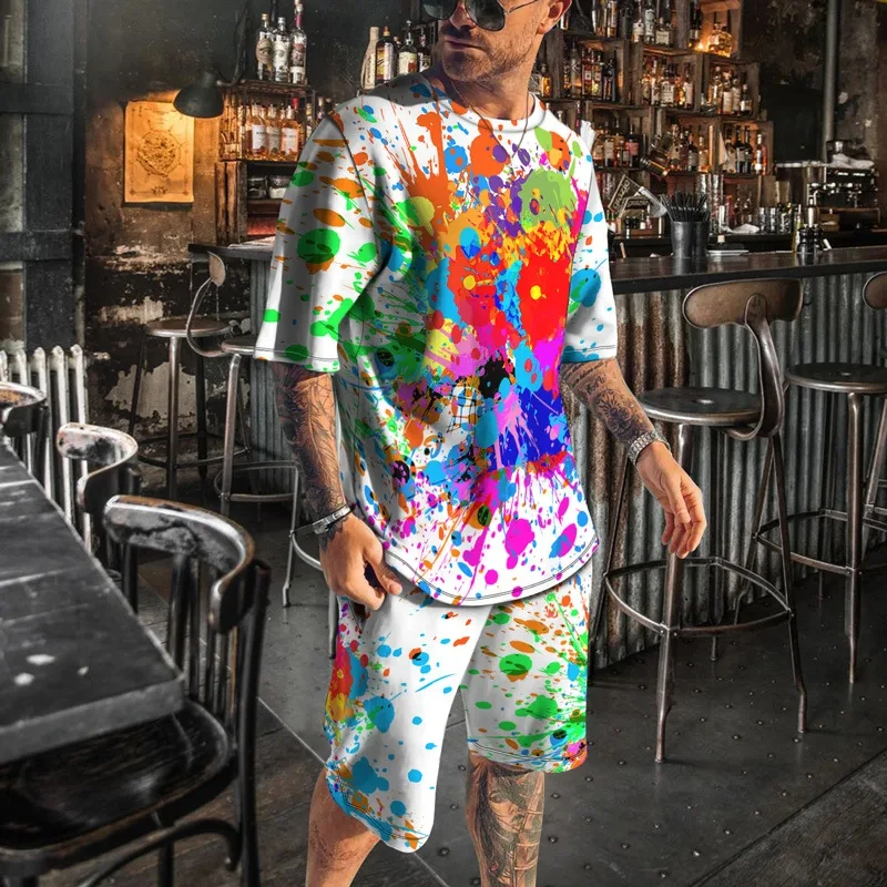 New 3D Print Multicolor Pattern Summer Men Tracksuits Short Sleeve T-Shirt Suit Fashion Sports 2 Piece Tracksuit Male Clothes