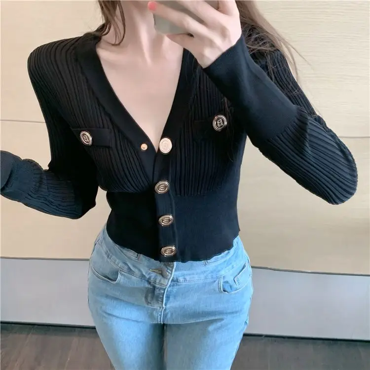 Early Spring Fragrant Style Gold Button Ice Silk Long Sleeve Knitted Shirt Versatile Tight Fit Short Top