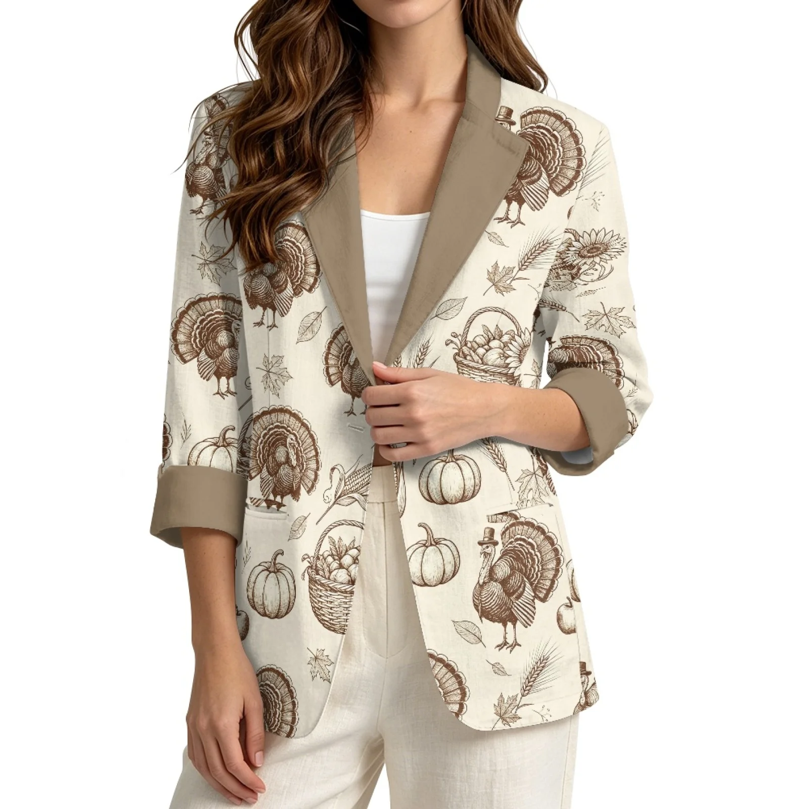 PENSTROLL Thanksgiving Turkey Linen Style Outerwear Versatile Outerwear for Female 3/4 Sleeve Business Jacket