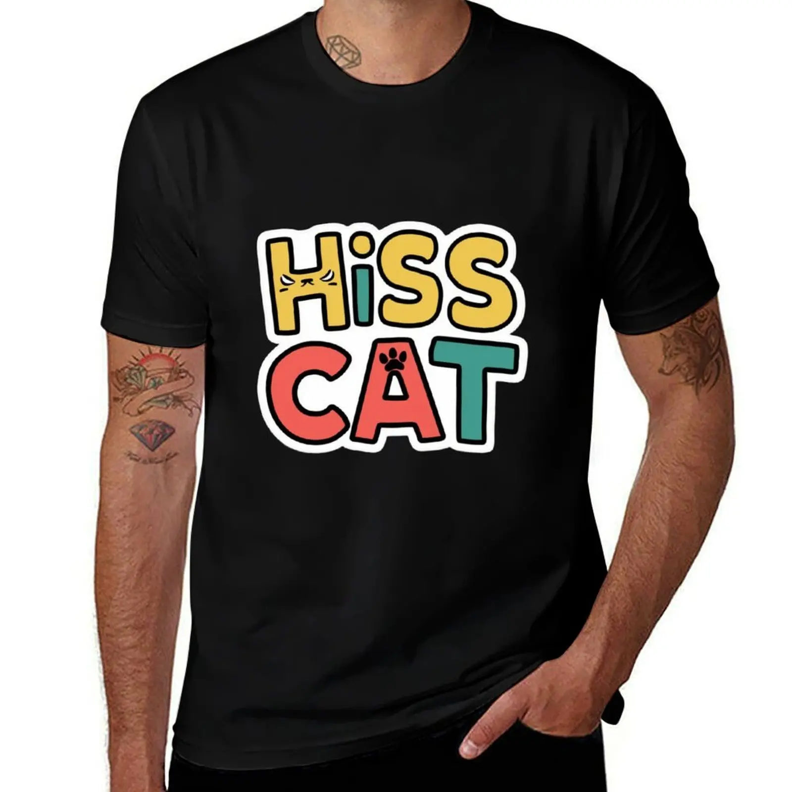 

Hiss Cat funny sticker T-Shirt vintage Aesthetic clothing for a boy anime shirts men