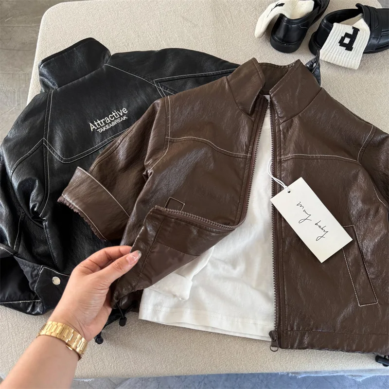 

Кожаные куртки для мальчиков, весна-осень 2024, кардиган с вышивкой для детей, детская верхняя одежда, повседневное пальто для малышей, одежда