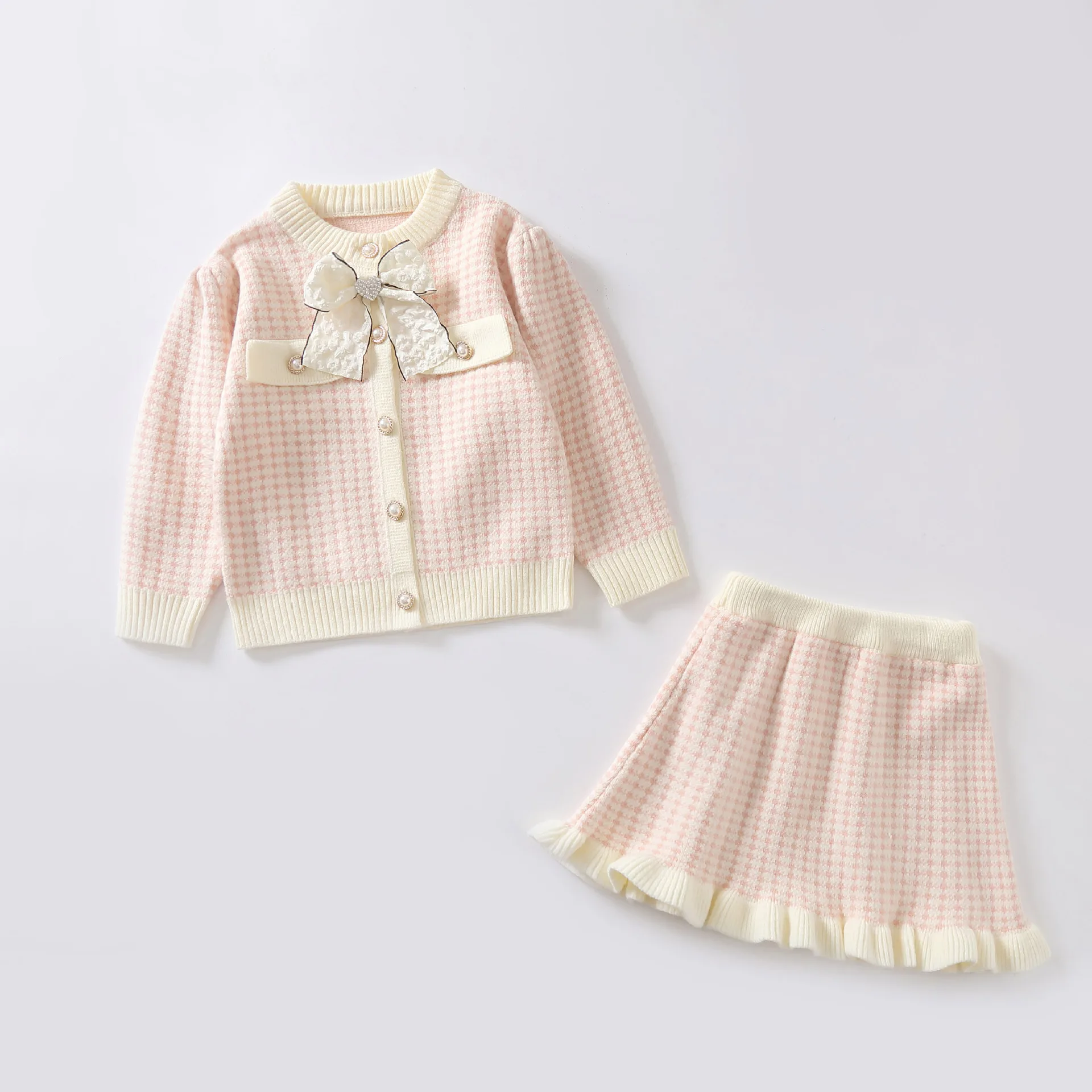 Childrens Clothing 2024 Korean Sweater Cardigan Set Skirt Fashionable Knitting Gentle Two-piece Set