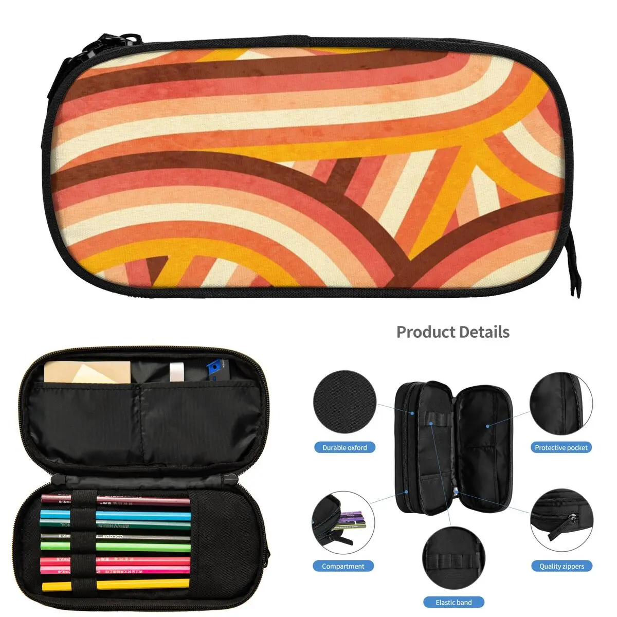 

Vintage Orange 70's Style Rainbow Stripes Pencil Cases Student Gifts Pen Box Pencil Bag Large Storage Pencil Pouch Pen Holder