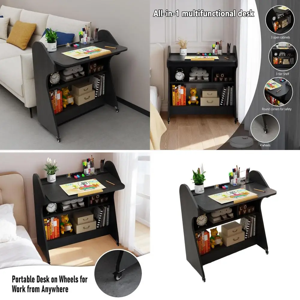 

Adjustable Angle Mobile Desk with Wheels and Storage for Compact Home Office in Black