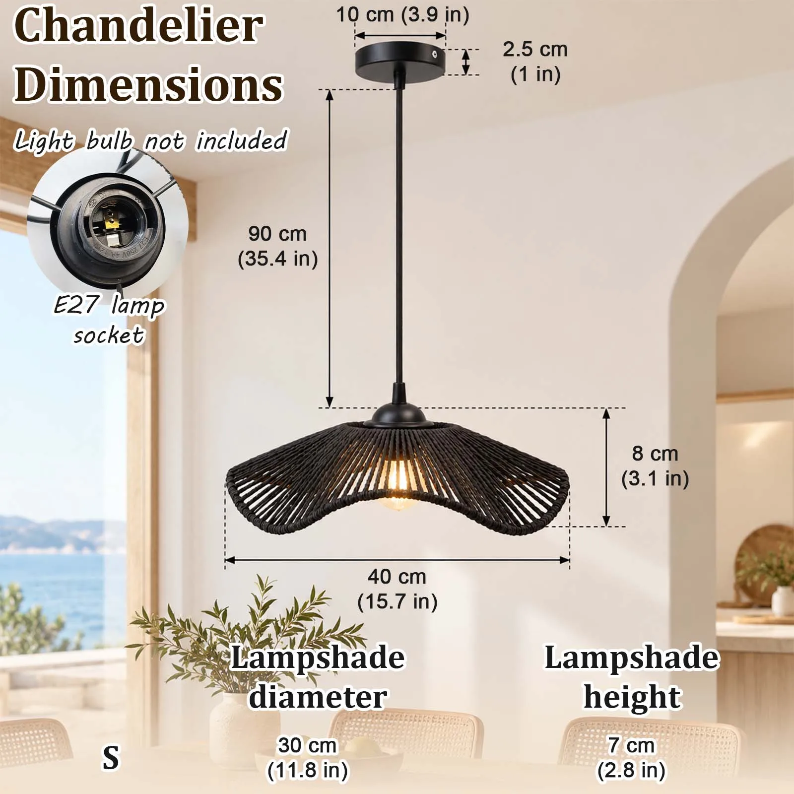 Pendant Lamp, Black Woven Umbrella Shade, Straw Hat Design, E27, Japandi, Dining Room Living Room Foyer