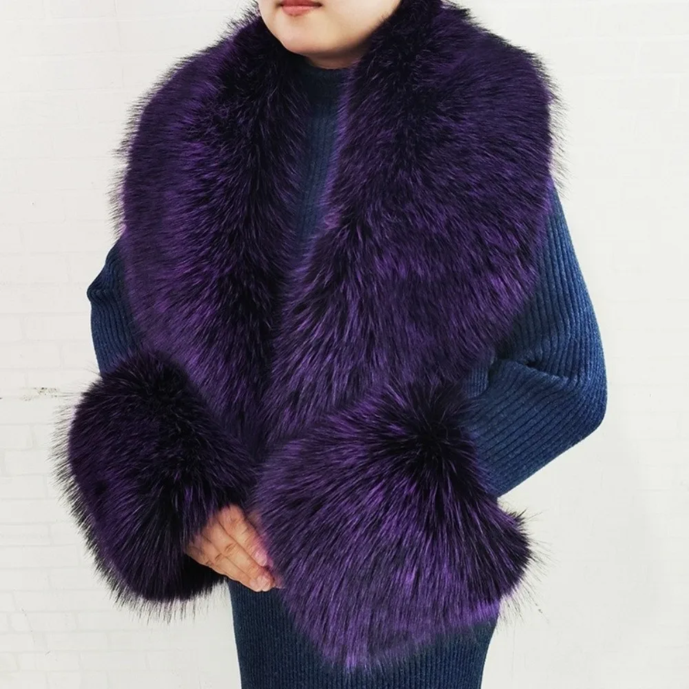 Large Size Faux Fur Collar Set V Shape Thick Warm Fur Cuff Set Detachable Oversized Decorative Fur Scarf