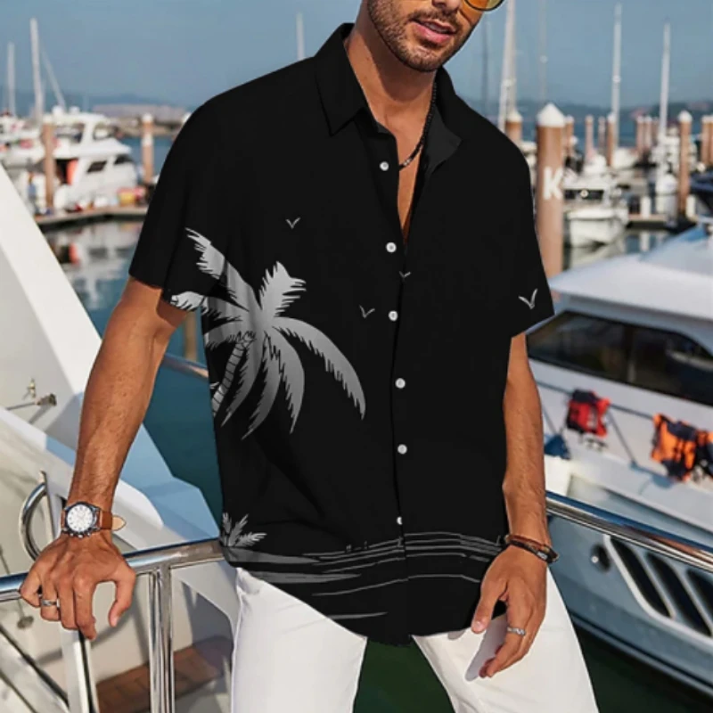 Gradient Men's Shirt 3d Coconut Tree Print Short Sleeve Shirts Beach Casual Hawaiian Shirts For Men Oversized Shirt 2024 New Top